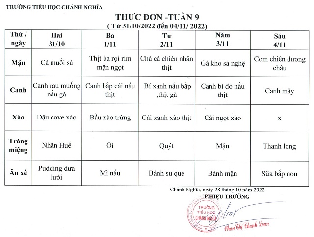 thực đơn tuần 9 2223