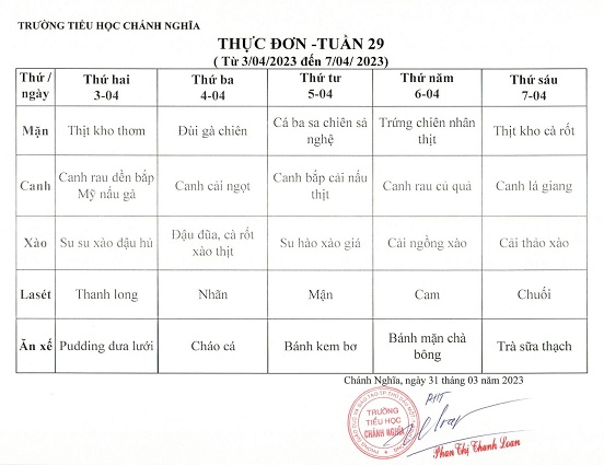 thực đơn tuần 29 2223