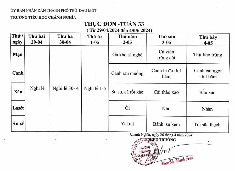 Thực đơn bán trú tuần 33