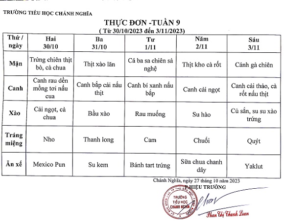 thực đơn tuần 9 2324