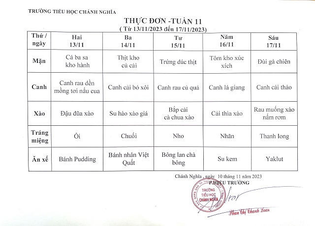 Thực đơn bán trú tuần 11