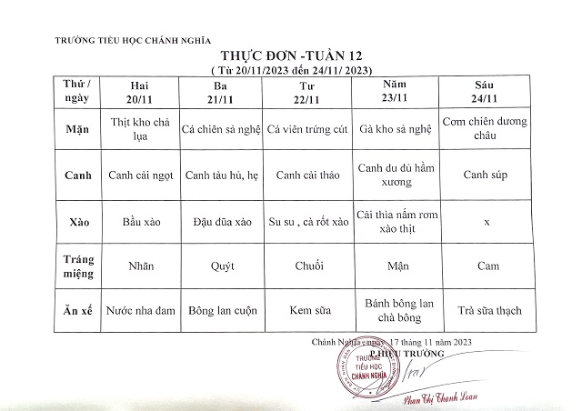 Thực đơn bán trú tuần 12