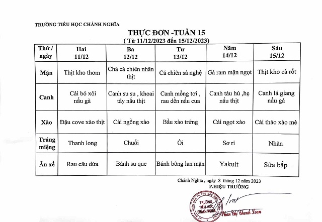 Thực đơn bán trú tuần 15