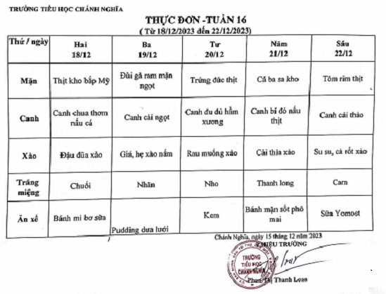 Thực đơn bán trú tuần 16