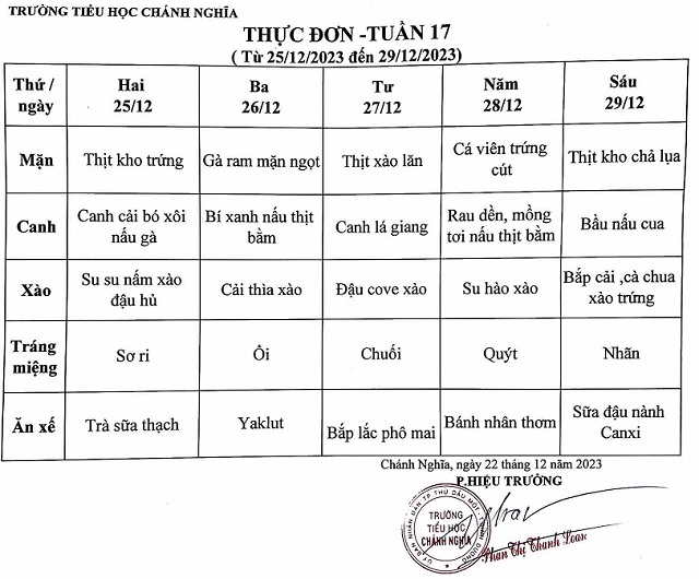 Thực đơn bán trú tuần 17