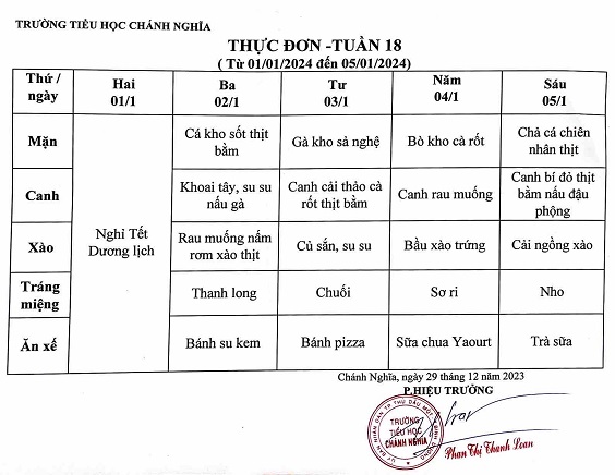 Thực đơn bán trú tuần 18