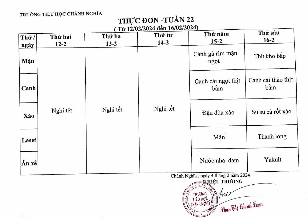 Thực đơn bán trú tuần 22