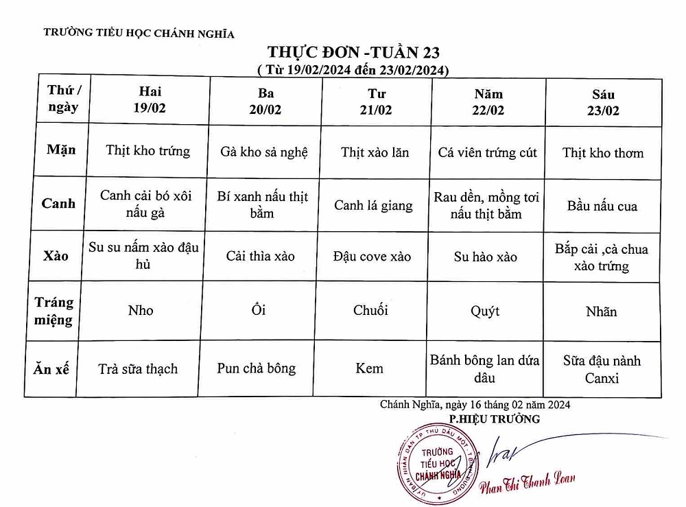 Thực đơn bán trú tuần 23