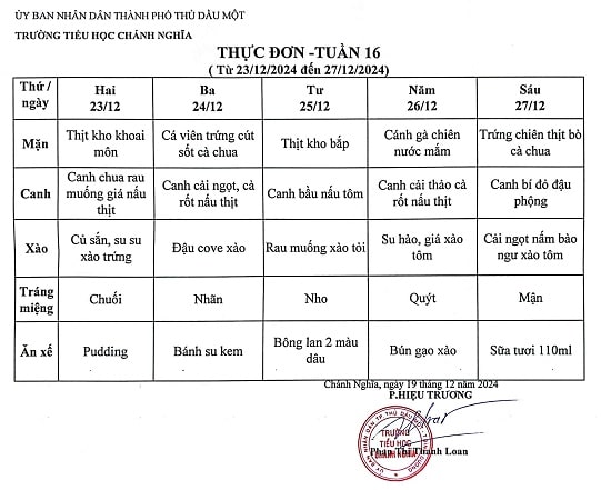 Thực đơn bán trú tuần 16 Năm học 2024 2025