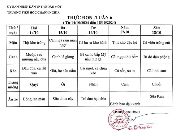 Thực đơn bán trú tuần 6 Năm học 2024 2025