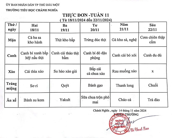 Thực đơn bán trú tuần 11 Năm học 2024 2025