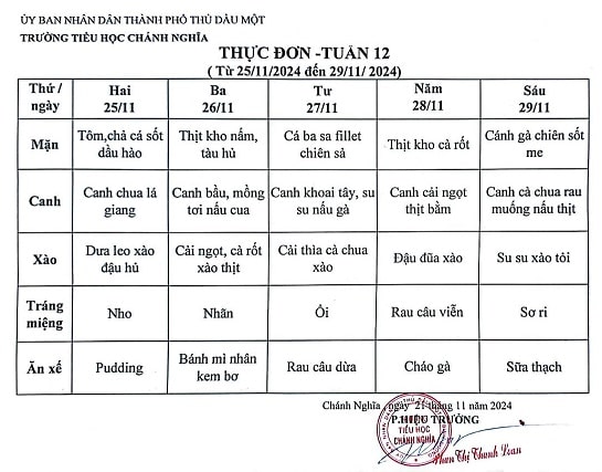 Thực đơn bán trú tuần 12 Năm học 2024 2025