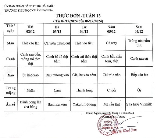 Thực đơn bán trú tuần 13 Năm học 2024 2025