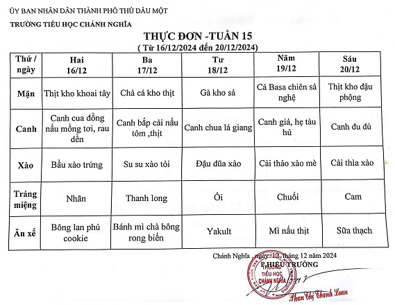 Thực đơn bán trú tuần 15 Năm học 2024 2025