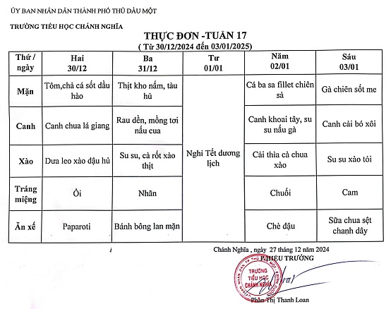 Thực đơn bán trú tuần 17 Năm học 2024 2025