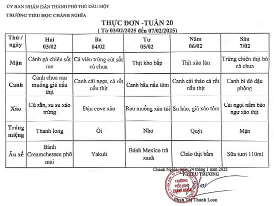 Thực đơn bán trú tuần 20 Năm học 2024 2025