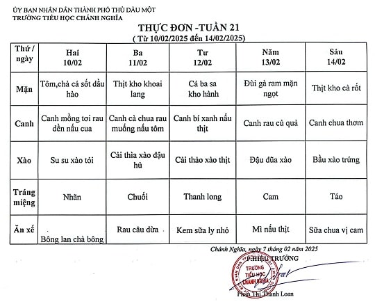 Thực đơn bán trú tuần 21 Năm học 2024 2025