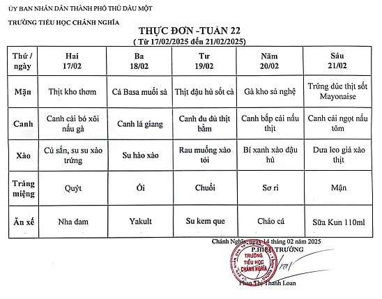 Thực đơn bán trú tuần 22 Năm học 2024 2025