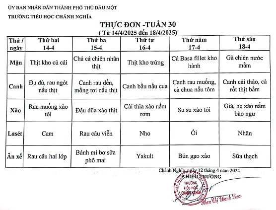 Thực đơn bán trú tuần 30 Năm học 2024 2025